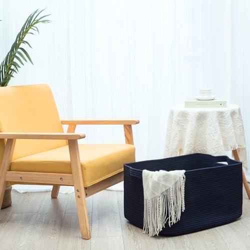 MINTWOOD Design 22in Extra Large Blanket Basket Holder Living Room, Rectangle Rope Woven Storage Basket with Handles for Laundry, Pool Towels, and Shoes, Dog Toy Organizer Bin Box, Full Navy