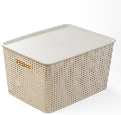 BINO | Plastic Storage Baskets with Lids, 33 Liter - 3 Pack, Natural | THE WOVEN COLLECTION | Storage Basket for Shelves | Woven Storage Baskets for Organizing Bins | Pantry Shelf Organizer Bin