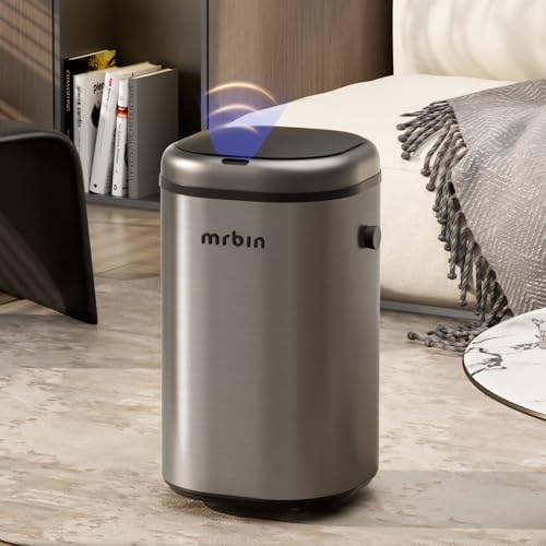 MRBIN Stainless Steel Adsorption Motion Sensor Trash Can Removable, 18L / 4.8gal Automatic Absorbing Bag Lidded Garbage Bin with Wheels, Waste Basket for Kitchen, Bathroom, Eclipse Grey