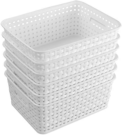 6-Pack White Storage Baskets, Plastic Weave Basket for Organizing | Woven Design, Built-in Handles, High Quality Organizer Basket for Storage