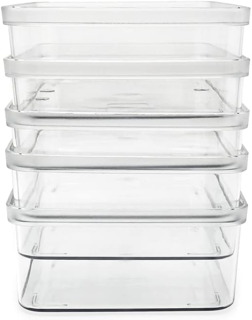 Isaac Jacobs 5-Pack Small Clear Storage Bins (5.5” L x 7.75” W x 2.5” H) | Cutout Handles, Plastic Organizer for Home, Kitchen, Fridge, Desk, Bathroom, Drawers, BPA Free, Food Safe (5-Pack, Small)