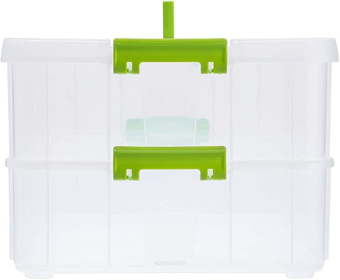 BTSKY 2 Layer Stack & Carry Box, Plastic Multipurpose Portable Storage Container Box Handled Organizer Storage Box for Organizing Stationery, Sewing, Art Craft, Jewelry and Beauty Supplies Green | Multipurpose Craft Organizers and Storage for Organizin...
