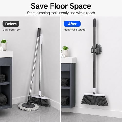 Suction Cup Mop and Broom Holder Wall Mount, 2 Pack | No Drill, Rotating Mop Gripper and Broom Hanger, For Bathroom, Kitchen, Laundry Room