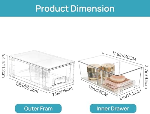 Vtopmart 2 Pack Stackable Clear Drawer with Dividers | Clear Drawer Organizers with Removable Dividers for Flexible storage. Stackable, Non-slip, for Fridge, Under Sink & Bthroom