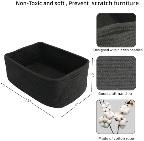 XUANGUO Small Woven Storage Baskets for Shelves, 13" x 9" x 5", Black | Decorative rope storage bins for closets and toy storage; cute organizer baskets, empty gift baskets and nursery storage.