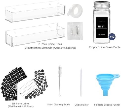 PMMASTO 2-Pack Clear Acrylic Self-Adhesive Spice Racks with 12 Empty Jars | Self-adhesive or Screw Mounting, 238 Spice Labels, Chalk Marker and Funnel, for Kitchen,Pantry Door And Bathroom Storage