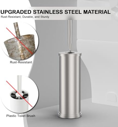 Stainless Steel Toilet Bowl Brush and Holder Set Scrubber Nickel | Weighted Stable Base Removable Inner Tube Toilet Bowl Brush Splash-Proof Design for Deep Cleaning Space Saving Storage
