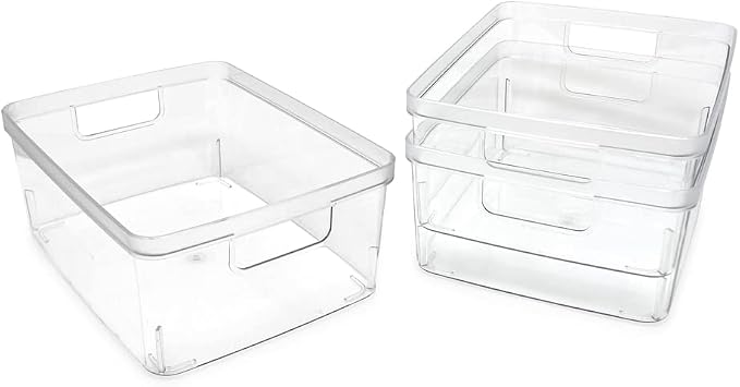 Isaac Jacobs 3-Pack Medium Clear Storage Bins (8” L x 10” W x 4.25” H) | Cutout Handles, Plastic Organizer for Home, Office, Kitchen, Fridge/Freezer, Bathroom, BPA Free, Food Safe (3-Pack, Medium)