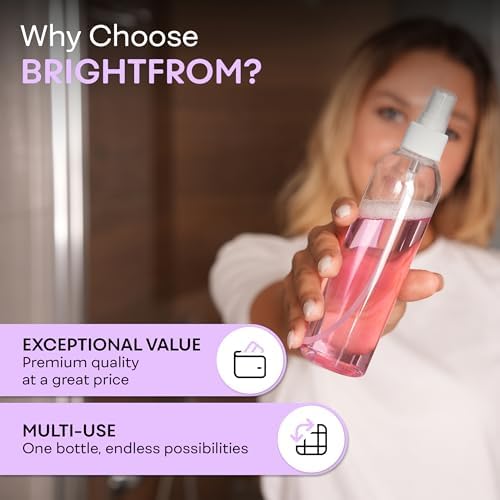 BRIGHTFROM Fine Mist Spray Bottles 8 OZ, Empty Refillable Containers - Essential Oils, Disinfectant Spray, Water 2 PACK (Clear, White Mist)