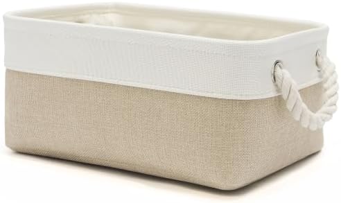 11.8x7.9x5.2 Inch Fabric Small Storage Bins with Handles 1 Pack | Foldable Storage Basket, Sturdy Metal Strand, Cardboard Support Molding, Small Baskets for Organizing, Shelves, White/Khaki