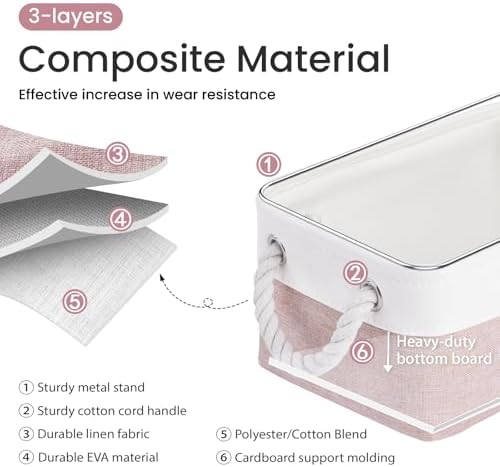11.8x7.9x5.2 Inch Fabric Small Storage Bins with Handles 3 Pack | Foldable Storage Basket, Sturdy Metal Strand, Cardboard Support Molding, Small Baskets for Organizing, Shelves, White/Pink