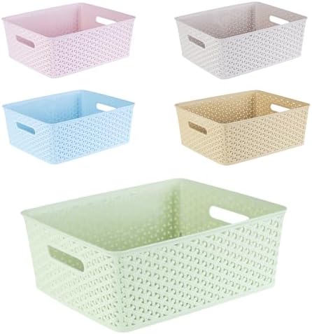 5PCS Plastic Storage Baskets, Small Baskets for Organizing, Small Pantry Organizer Basket Bins. For Countertops, Cabinets, Bedrooms, and Bathrooms Wait (Pink/Yellow/Blue/Beige/Green)