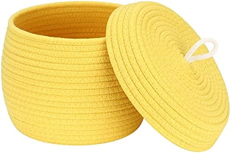 Sea Team Round Woven Cotton Rope Storage Basket with Lid, Yellow | Lidded Knitted Decorative Storage Bin, Pot, Caddy, Organizer, Container for Snacks, Towels, Plants, 10 x 7.5 Inches