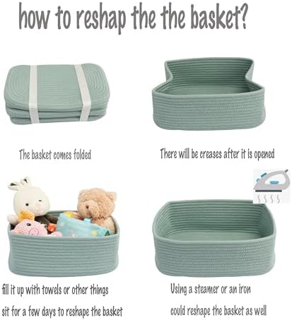 XUANGUO Small Woven Storage Baskets for Shelves, 12" x 8" x 5", Green | Decorative rope storage bins for closets and toy storage; cute organizer baskets, empty gift baskets and nursery storage.