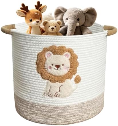 Cute Nursery Bin, Baby Toy Organizer (13.8"x13.8"), Storage Basket for Organizing, Woven Rope Basket for Shelves, Cute Baskets with Handle for Nursery, Playroom (Lion, Large)