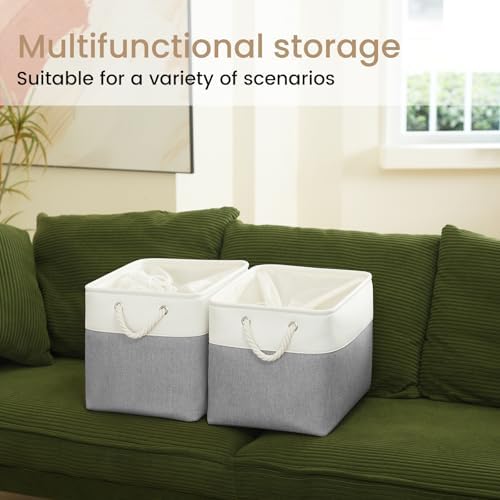 16x12x12 In Foldable Fabric Large Storage Bins with Handle 1 Pack | Storage Basket with Draw String Top, Sturdy Metal Strand, Cardboard Support Molding, for Shelf, Closet, Bedroom, White/Gray