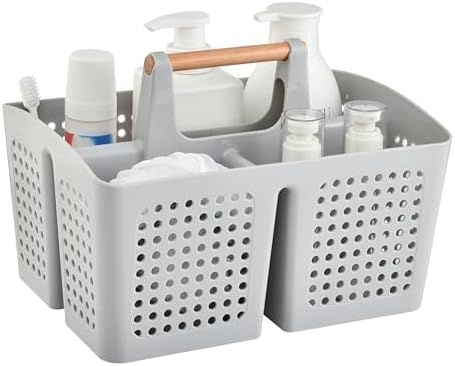 Portable Shower Caddy Basket with 3 Compartments and Handle, Light Gray | Plastic Divided Storage Caddy for Bathrooms, Apartments, Guest Rooms, Offices, Crafts and Under-Sink Organization