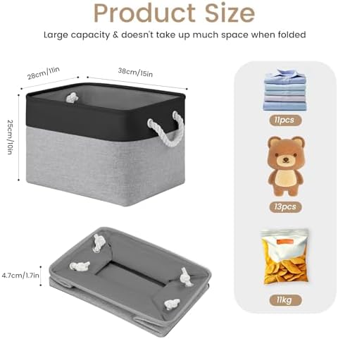 15x11x10 In Foldable Fabric Large Storage Bins with Handle 3 Pack | Organizer Baskets, Sturdy Metal Strand, Cardboard Support Molding, Storage Baskets for Shelves, Closet, Bedroom, Black/Gray