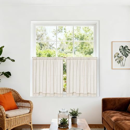 Beige Semi Sheer Linen Kitchen Curtains 24 Inch Length 2 Panels | Natural, Boho Rustic, Light Filtering Curtains & Drapes, for Bathroom RV Campers Window Treatment, Rod Pocket, 34x24 Inch