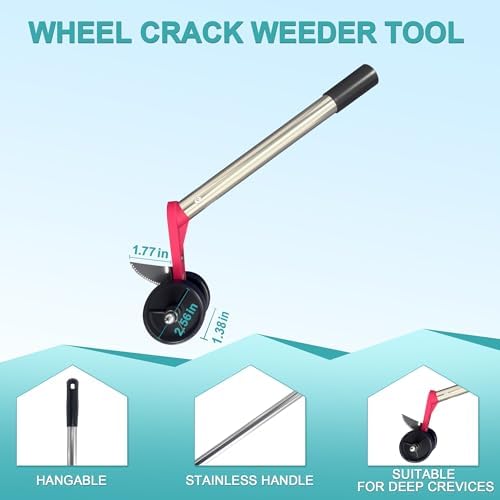53" Wheeled Blade & Brush Head Crack Weeder Tool, Adjustable Long Handle | 2-in-1 Long Handle Moss Remover, Stainless Steel Crevice Weeding Puller for Sidewalk, Driveway, Patio, Pavers, Garden