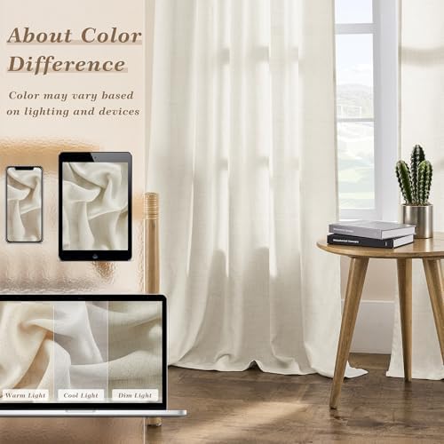 Natural Linen Curtains 112 Inches Long 2 Panels Cream Semi Sheer | Light Filtering, Boho Neutral Drapes, for Living Room Bedroom, Hook Belt, Rod Pocket, Window Curtain, 112 Inch Length
