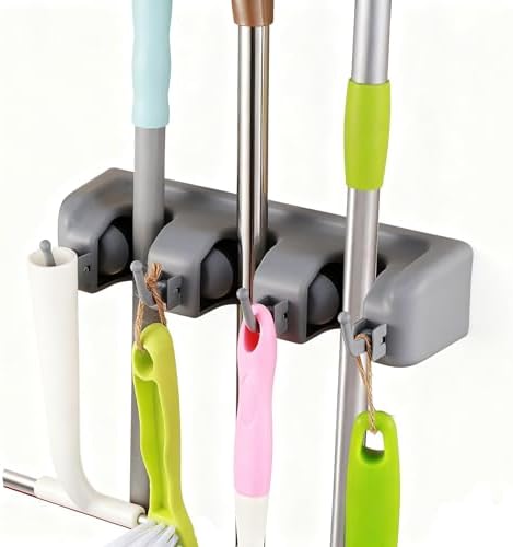 Togu 2 Pack Mop and Broom Holder Wall Mounted 3 Position Storage Rack with 4 Retractable Hooks Holds up to 7 Tools Utility Weatherproof Holder for Garage Storage Systems Broom Organizer,Gray