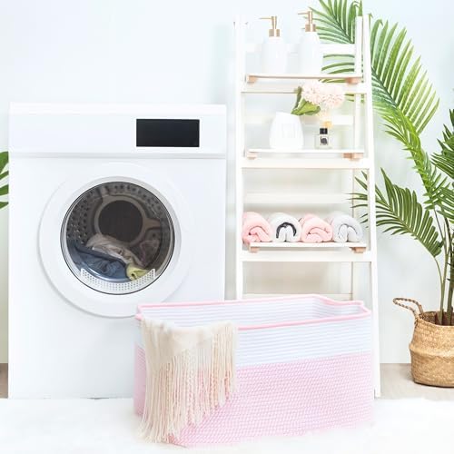MINTWOOD Design 22in Extra Large Blanket Basket Holder Living Room, Rectangle Rope Woven Storage Basket with Handles for Laundry, Pool Towels, and Shoes, Dog Toy Organizer Bin Box, Light Pink
