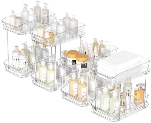 incostar 2 Tier Pull-Out Storage Organizer for Bathroom and Kitchen, Under Sink Organizer with Dividers, Ideal for Organizing Cupboard,Bathroom Vanities,Cabinet, Slide-Out Clear Storage, 4 Pack