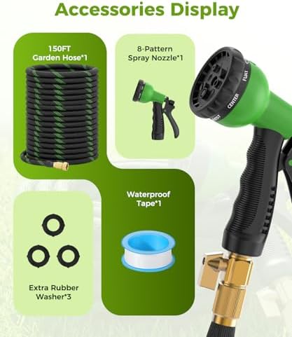150ft Garden Hose, Non-Expandable Water Hose with 8 Function Spray Nozzle, Lightweight, Kink-Free, Burst-Resistant, Durable & Flexible 3/4" Garden Hose for Lawn, House Cleaning, Car Washing