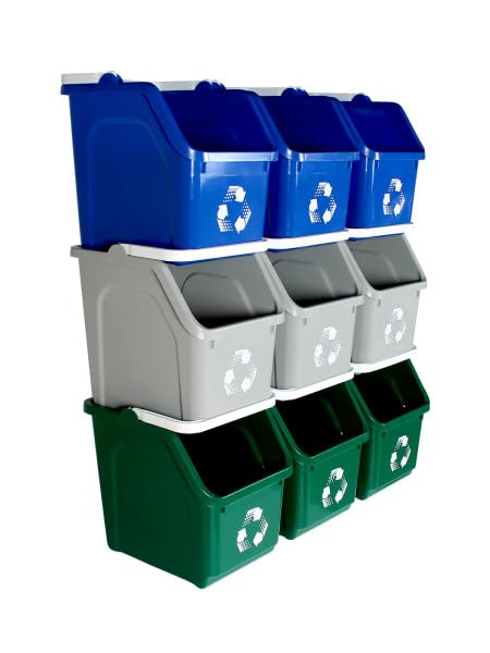 Multi Bin 6 Gallon Stackable Recycle Bins, Trash Can Kitchen Recycling Set | Recycling containers stackable design that saves floor space, while open-front bins with ergonomic handles ensure quick