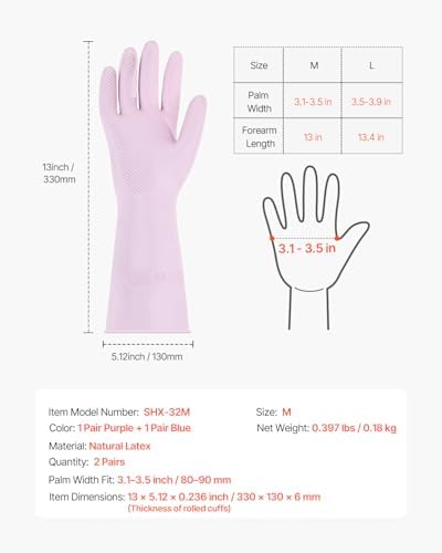 VEVOR Reusable Dishwashing Gloves, 2 Pairs Colorful Reusable Household Kitchen Cleaning Gloves for Washing Dishes and Cleaning Tasks, Flexible Long-lasting and Non-Slip, Medium, Blue + Purple