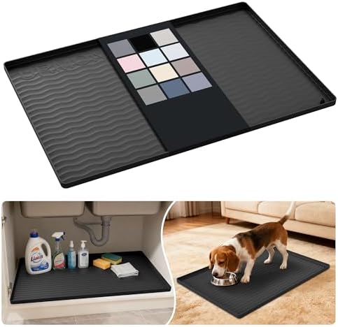 URMONA Waterproof Silicone Under Sink Mat 28'' x 19'' Shelf Liner for Kitchen and Bathroom, Cabinet and Counter Protector, Storage and Organizers, Litter Mat, Pet Cat Puppy Essentials(Black)