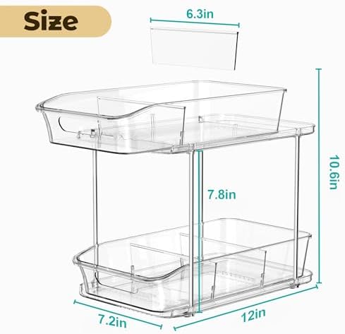 incostar 2 Tier Pull-Out Organizer for Bathroom Kitchen, Under Sink Storage with Dividers, Ideal for Cabinet, Cupboard Organization, Slide-Out Clear Storage, 1 Pack
