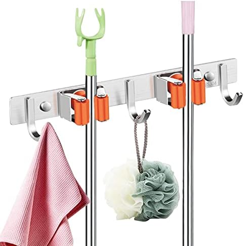 Dual Mop Broom Holder Stainless Steel Wall Mounted Organizer Storage Rack Hanger with 3 Hooks