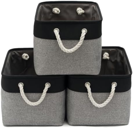 15x11x10 In Foldable Fabric Large Storage Bins with Handle 3 Pack | Organizer Baskets, Sturdy Metal Strand, Cardboard Support Molding, Storage Baskets for Shelves, Closet, Bedroom, Black/Gray