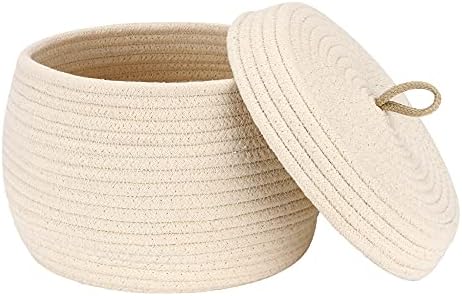 Sea Team Round Woven Cotton Rope Storage Basket with Lid, Cream | Lidded Knitted Decorative Storage Bin, Pot, Caddy, Organizer, Container for Snacks, Towels, Plants, 10 x 7.5 Inches