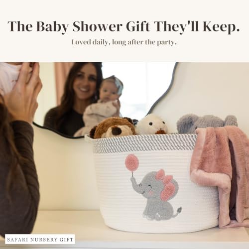 Elephant Baby Storage Basket for Girls, Cotton Rope Nursery Bin, 15x11 in | Stuffed Animal and Blanket Storage, Soft Felt Elephant Patch, Pink Baby Room Decor, Shower Gift, Kids Playroom Organizer