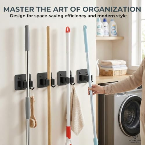 CUXIXA Mop and Broom Holder Wall Mount 4 Pack Broom Hanger Wall Mount | Upgraded Stainless Steel Broom and Mop Organizer Wall Hanging for Kitchen Bathroom Garden Garage Laundry Room (Black-4pcs)