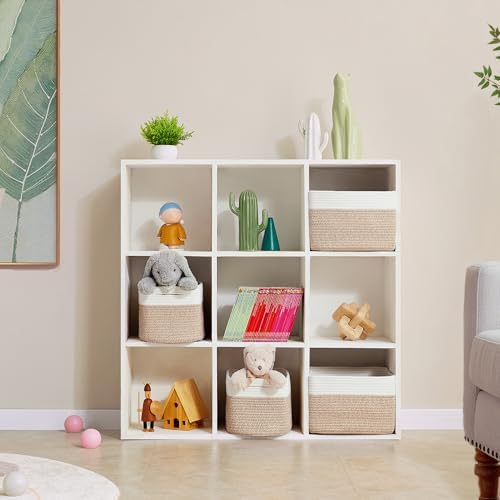4 Pack Storage Baskets for Organizing Woven Baskets for Shelves | Cotton Rope Rectangle Storage Basket Bins for Bedroom & Living Room 12.7''Lx9''Wx7.8''H, Brown & White