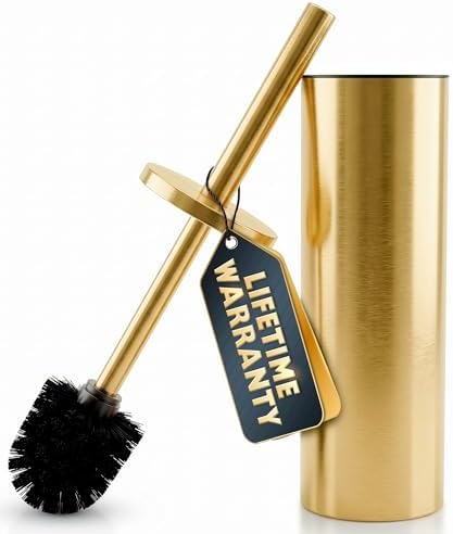 Gold Toilet Brush and Holder Set, Freestanding, Splash Protection | Stainless Steel Toilet Brush and Holder Set for Bathroom Cleaning; Dense Bristles; Removable Bowl; Detachable Long Handle