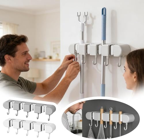 Wall Mounted Mop and Broom Holder, 4 Racks And 5 Hooks Vacuum Suction Cup Mop Holder, Stainless Steel & ABS Organizer for Kitchen, Bathroom, Garage, Laundry Room (White)