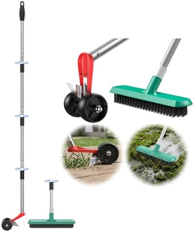 53" Wheeled Blade & Brush Head Crack Weeder Tool, Adjustable Long Handle | 2-in-1 Long Handle Moss Remover, Stainless Steel Crevice Weeding Puller for Sidewalk, Driveway, Patio, Pavers, Garden