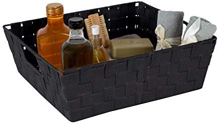 Simplify Large Shelf Woven Strap Tote | Decorative Storage Basket | Built in Handles | Organization | Closet | Bedroom | Bathroom | Nursery | Accessories | Toys | Gifts | 2 Pack | Black