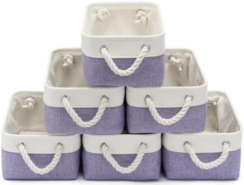 11.8x7.9x5.2 Inch Fabric Small Storage Bins with Handles 6 Pack | Foldable Storage Basket, Sturdy Metal Strand, Cardboard Support Molding, Small Baskets for Organizing, Shelves, White/Purple