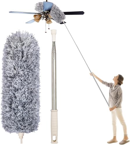 Microfiber Feather Duster with Extendable Pole, 30-100 inches Extra Long Cobweb Duster for Cleaning, Bendable Head, Non-Scratch, Washable Duster for Ceiling, Fan, Furniture Gray