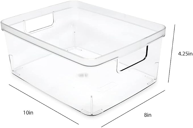 Isaac Jacobs 3-Pack Medium Clear Storage Bins (8” L x 10” W x 4.25” H) | Cutout Handles, Plastic Organizer for Home, Office, Kitchen, Fridge/Freezer, Bathroom, BPA Free, Food Safe (3-Pack, Medium)