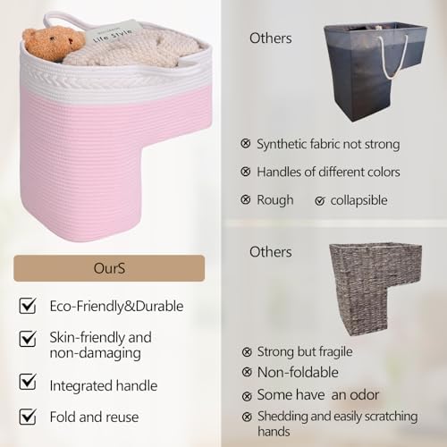 Stair Basket for Wooden & Carpeted Stairs, Foldable Cotton Rope Step Basket with Handles, Staircase Storage Organizer, Pink, 15" Lx 10" W x 15" H