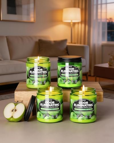 AOOVOO 4 Pack Odor Eliminating Candle Set - Green Apple Air Freshing Candle | 36oz, Eliminates 95% of Pet, Smoke, Food, and Other Smells Quickly, Highly Fragranced Non Toxic Soy Candle