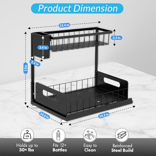 2 Pack Under Sink Organizer, Heavy Duty 2 Tier Slide-Out Storage, Space Saving Cabinet Organizer for Bathroom & Kitchen, Metal Shelf with Brush Holder, Black