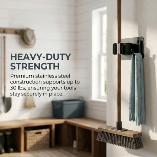 CUXIXA Mop and Broom Holder Wall Mount 4 Pack Broom Hanger Wall Mount | Upgraded Stainless Steel Broom and Mop Organizer Wall Hanging for Kitchen Bathroom Garden Garage Laundry Room (Black-4pcs)